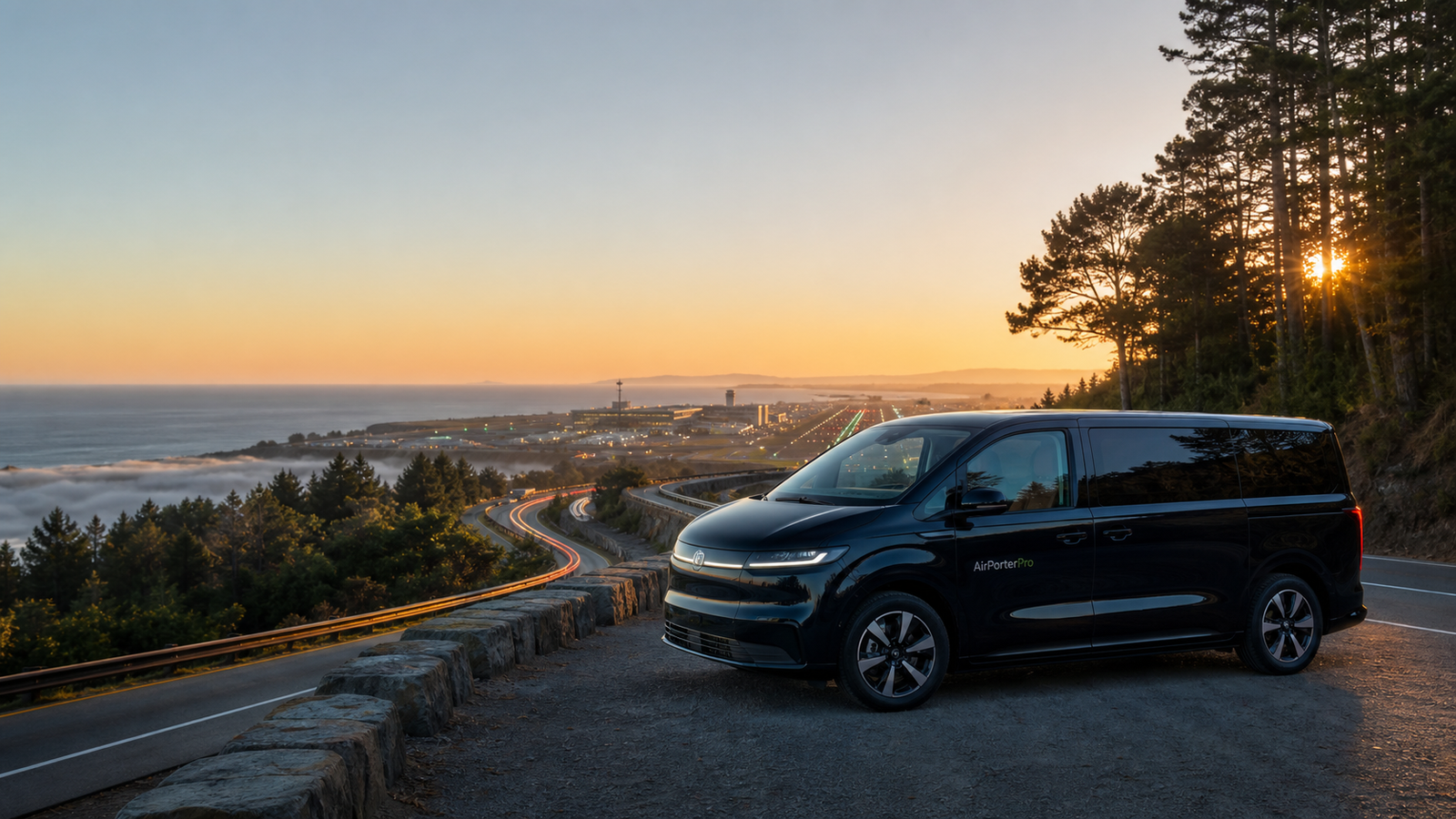 Premium airport van above a coastal road at sunrise